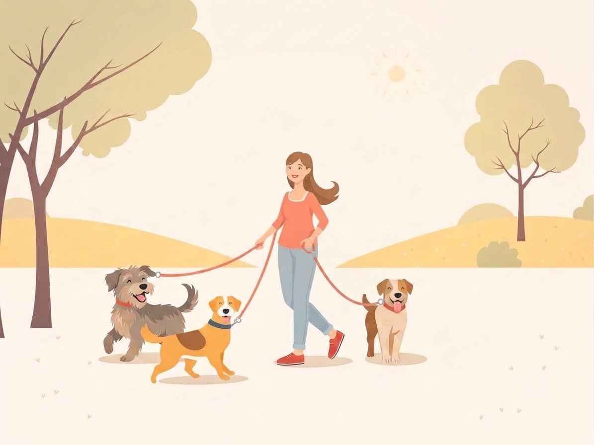Dog walker happily walking three dogs in a sunny park